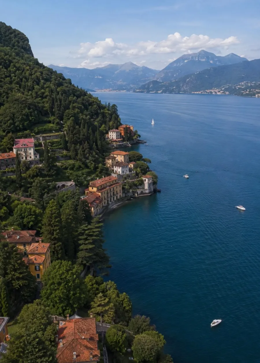 Villas on the shore of Lake Como below green mountains